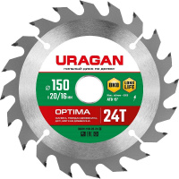 Фото товара - Пильный диск по дереву 24Т 150х20/16мм Optima URAGAN 36801-150-20-24_z01