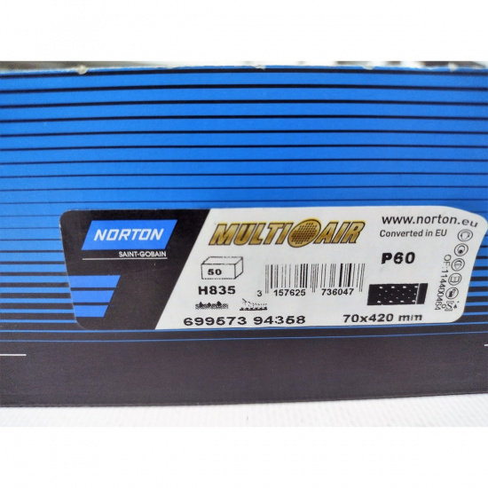 Большое фото товара - Полоса абразивная Multi-Air Norzon Blue Fire H835 на репейнике 70х420мм P60 NORTON 69957394358, 69957394358. Вариант №2