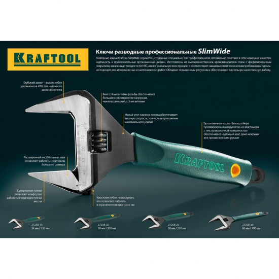 Большое фото товара - Разводной ключ SlimWide 250/50 мм KRAFTOOL 27258-25, 27258-25. Вариант №2
