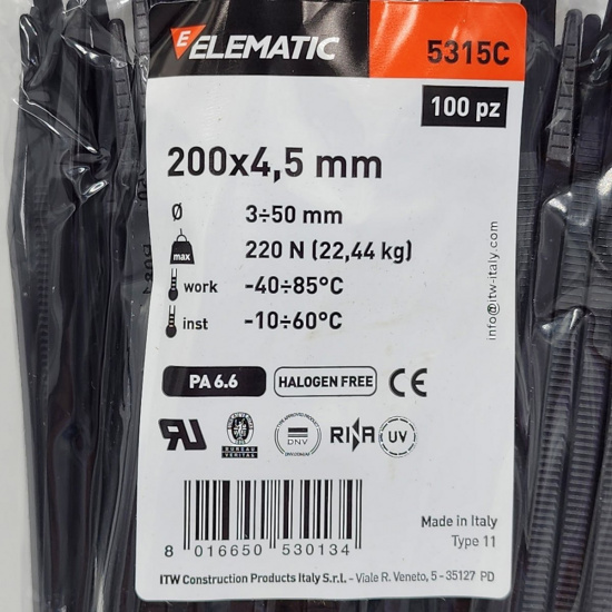 Большое фото товара - Хомут-стяжка пластиковый 200х4,5мм черный 100шт Elematic 5315C, 5315C. Вариант №2