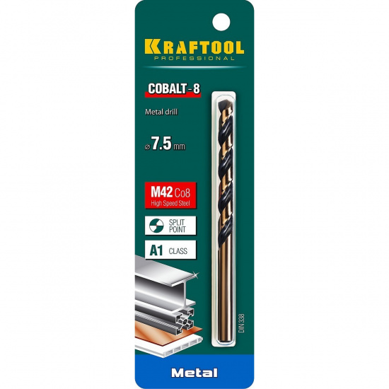 Большое фото товара - Сверло по металлу HSS-Co(8%) сталь М42 7.5х109мм Cobalt KRAFTOOL 29656-7.5, 29656-7.5. Вариант №2