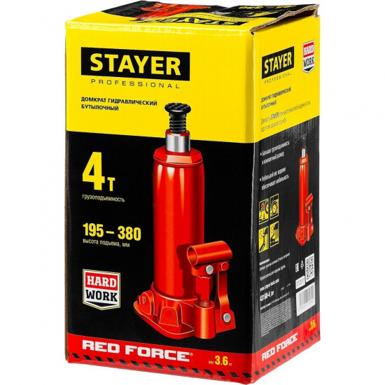 Большое фото товара - Бутылочный гидравлический домкрат 195 - 380мм 4 т RED FORCE STAYER 43160-4_z01, 43160-4_z01. Вариант №2