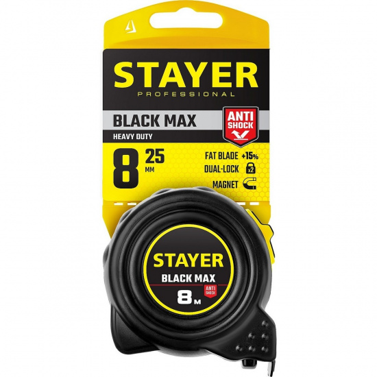 Большое фото товара - Рулетка с двумя фиксаторами 8м*25мм BlackMax STAYER 3410-08_z02, 3410-08_z02. Вариант №2