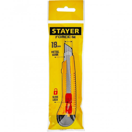 Большое фото товара - Нож упрочненный с метал. направляющей и сдвижным фиксатором 18мм FORCE-M STAYER 0913_z01, 0913_z01. Вариант №2