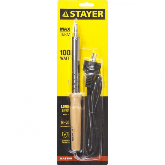 Большое фото товара - Электропаяльник с деревянной рукояткой клин 100Вт MAXTerm STAYER 55310-100, 55310-100. Вариант №2