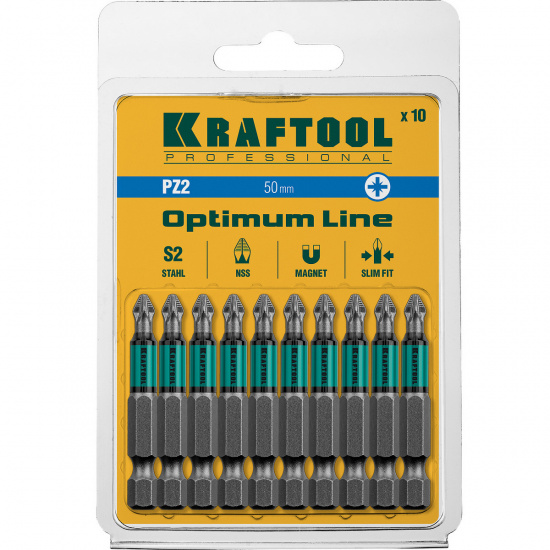 Большое фото товара - Биты 10шт 50мм Optimum PZ2 KRAFTOOL 26124-2-50-10, 26124-2-50-10. Вариант №2