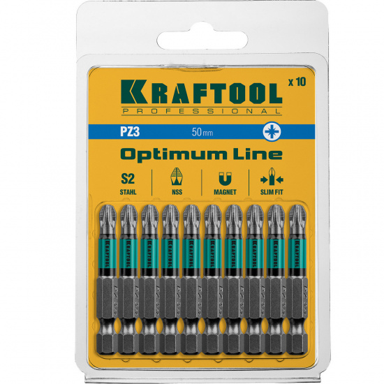 Большое фото товара - Биты 10шт 50мм Optimum PZ3 KRAFTOOL 26124-3-50-10, 26124-3-50-10. Вариант №2