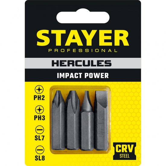 Большое фото товара - Биты для ударной отвертки 4шт 36мм Hercules STAYER 25667-S4_z01, 25667-S4_z01. Вариант №2