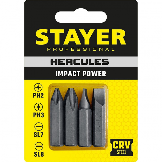 Большое фото товара - Биты для ударной отвертки 4шт 36мм Hercules STAYER 25667-S4_z01, 25667-S4_z01. Вариант №1