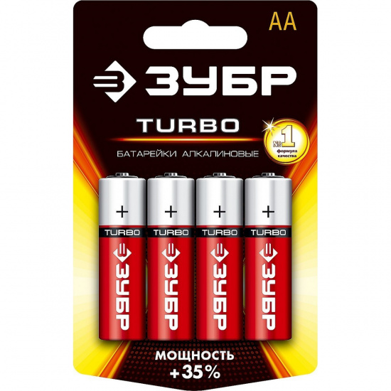 Большое фото товара - Алкалиновая батарейка 1.5 В ААх4 TURBO ЗУБР 59213-4C_z01, 59213-4C_z01. Вариант №2