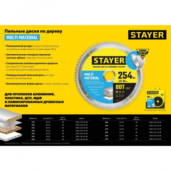 Большое фото товара - Пильный диск по алюминию 48Т 190х20/16мм Multi Material STAYER 3685-190-20-48, 3685-190-20-48. Вариант №4