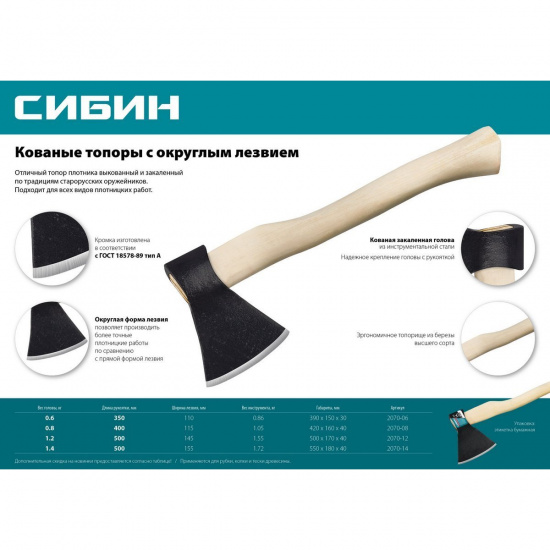 Большое фото товара - Кованый топор с округлым лезвием 500мм 1400/1750 г СИБИН 2070-14, 2070-14. Вариант №3