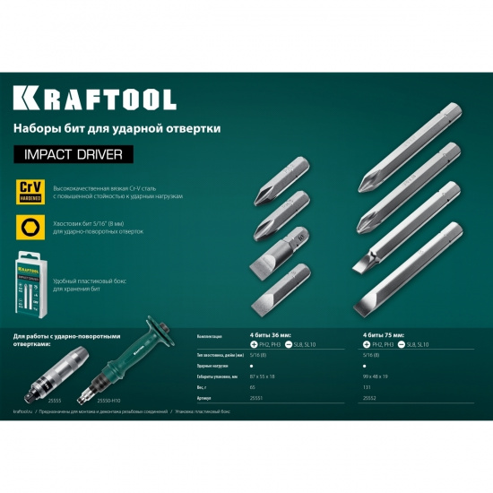 Большое фото товара - Набор бит для ударной отвертки 4шт 36мм KRAFTOOL 25551, 25551. Вариант №3