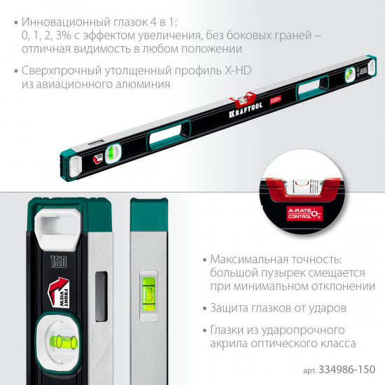 Большое фото товара - Уровень с инновационным зеркальным глазком точность 0.3мм/м 1500мм A-RATE CONTROL KRAFTOOL 34986-150, 34986-150. Вариант №4