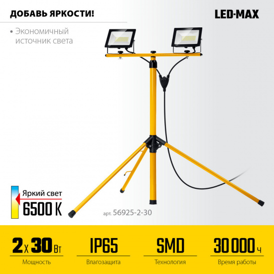 Большое фото товара - Светодиодные прожекторы на штативе 1.6м IP 65 6500 К 2х30Вт LED-MAX STAYER 56925-2-30, 56925-2-30. Вариант №3