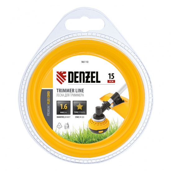 Большое фото товара - Леска для триммера звезда 1.6мм*15м блистер Flex cord Denzel 96110, 96110. Вариант №2
