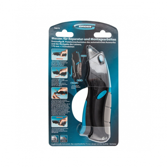 Большое фото товара - Нож ремонтно-монтажный автовыброс возврат лезвия 170мм 5 запасных лезвий Gross 78870, 78870. Вариант №4