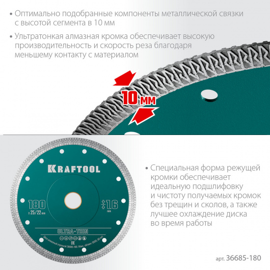 Большое фото товара - Ультратонкий алмазный диск ULTRA-THIN 180х1.6мм KRAFTOOL 36685-180, 36685-180. Вариант №4