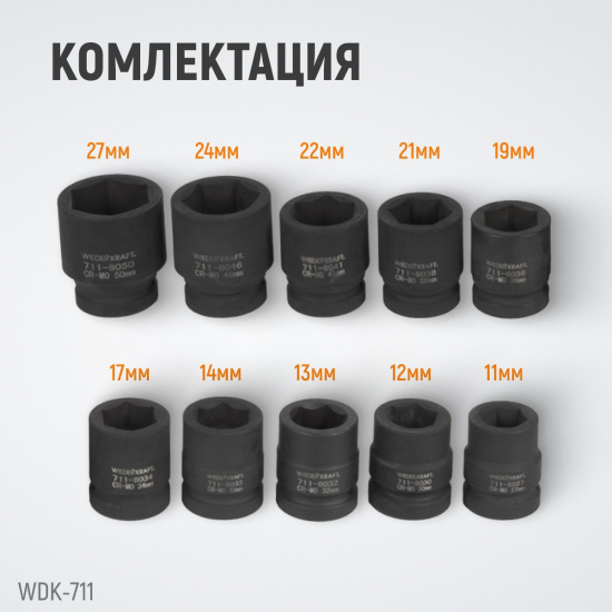 Большое фото товара - Набор ударных торцевых головок 1 6гр. WIEDERKRAFT WDK-711, WDK-711. Вариант №4
