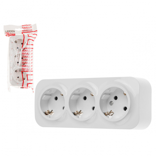 Большое фото товара - Розетка 3-ая открытая с/з белая Bailly LEIDEN ELECTRIC 806007, 806007. Вариант №1