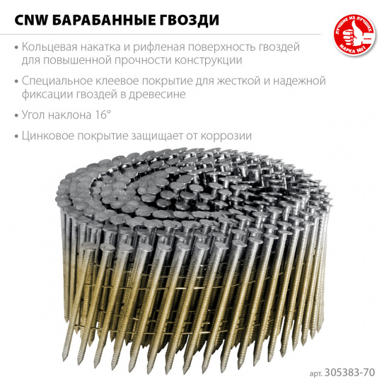 Большое фото товара - Барабанные гвозди рифленые 4800шт оцинкованные CNW 70х3.1мм ЗУБР 305383-70, 305383-70. Вариант №3