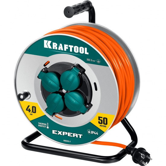 Большое фото товара - Силовой удлинитель на стальной катушкеEXPERT ПВС 3х2.5 50м 4000Вт IP44 KRAFTOOL 55089-50, 55089-50. Вариант №1