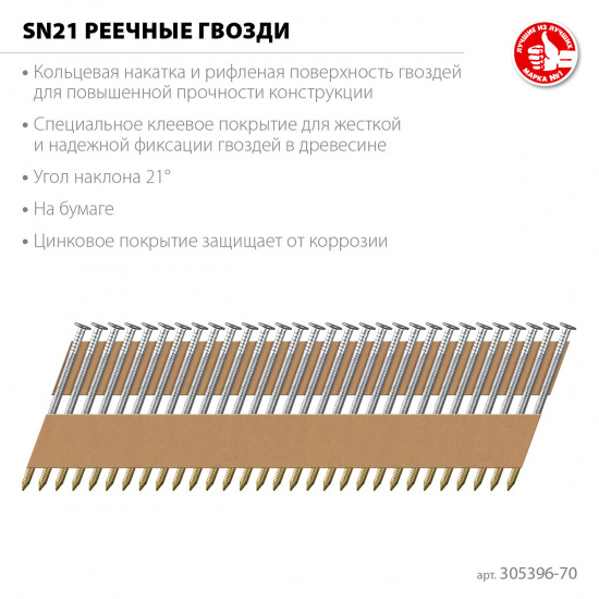 Большое фото товара - Реечные гвозди рифленые оцинкованные 2400шт оцинкованные SN21 70х3.1мм ЗУБР 305396-70, 305396-70. Вариант №1