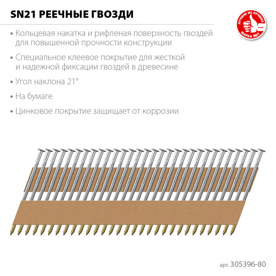 Большое фото товара - Реечные гвозди рифленые оцинкованные 2000шт оцинкованные SN21 80х3.1мм ЗУБР 305396-80, 305396-80. Вариант №2