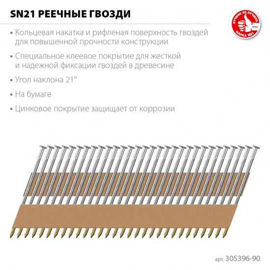 Большое фото товара - Реечные гвозди рифленые оцинкованные 2000шт оцинкованные SN21 90х3.1мм ЗУБР 305396-90, 305396-90. Вариант №1