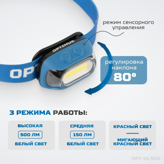 Большое фото товара - Фонарь налобный светодиодный IP65,IK07 Optimus OPT-HL500, OPT-HL500. Вариант №3
