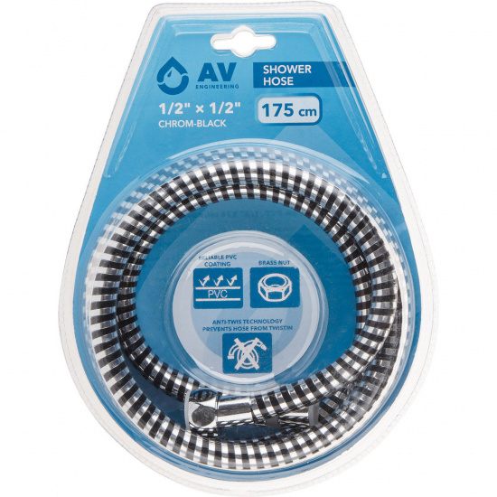 Большое фото товара - Шланг душевой PVC 1/2 г-г 175см хром-черн. AV Engineering AVSSS-108, AVSSS-108. Вариант №1