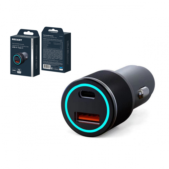 Большое фото товара - ЗУ автомобильное c двумя портами USB-C + USB-A c LED-подсветкой 48Вт REXANT 18-2230-5, 18-2230-5. Вариант №1