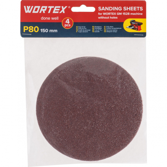 Большое фото товара - Шлифлист 150мм P80 без отв. 4шт для станка GM 1528 WORTEX 1325981, 1325981. Вариант №1