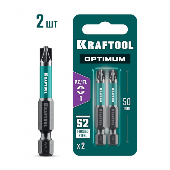 Большое фото товара - Биты 2шт 50мм OPTIMUM PZ/FL 1 KRAFTOOL 261241-1-50-2, 261241-1-50-2. Вариант №1