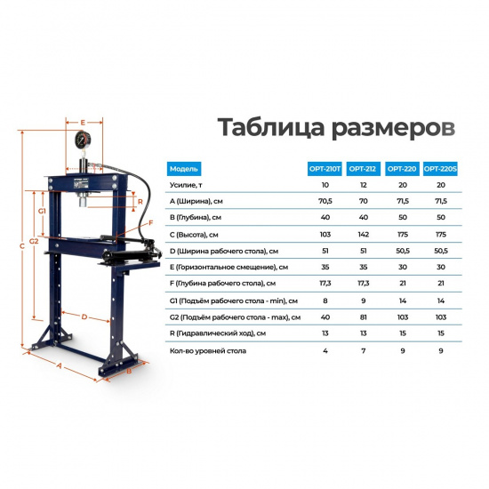 Большое фото товара - Гидравлический пресс 12т OPTIMUS OPT-212, OPT-212. Вариант №4