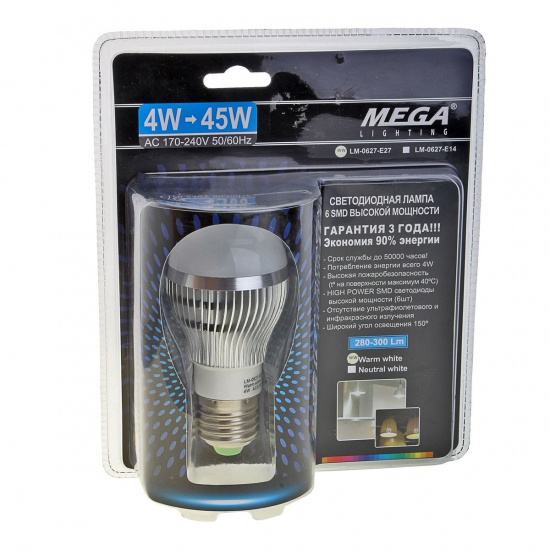 Большое фото товара - Лампа светодиодная E27 WW 6 SMD LED 4W=45W угол 150 102мм O50мм 170-240V MEGA LIGHTING LM-0627WW-E27, LM-0627WW-E27. Вариант №1