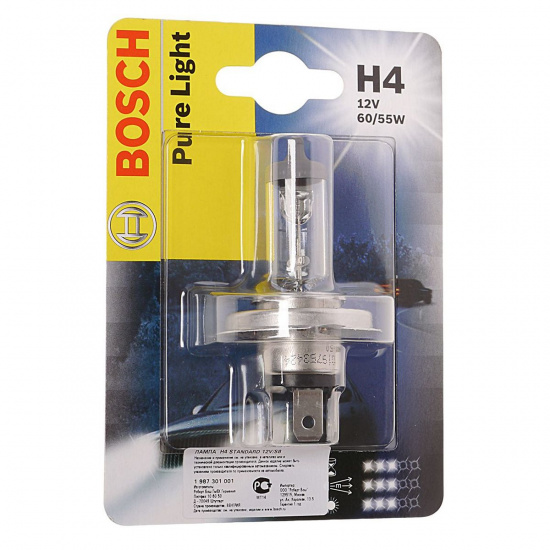 Большое фото товара - Автолампа H4 60/55 P43t-38 блистер PURE LIGHT 12V BOSCH B-1987301001бл, B-1987301001бл. Вариант №1