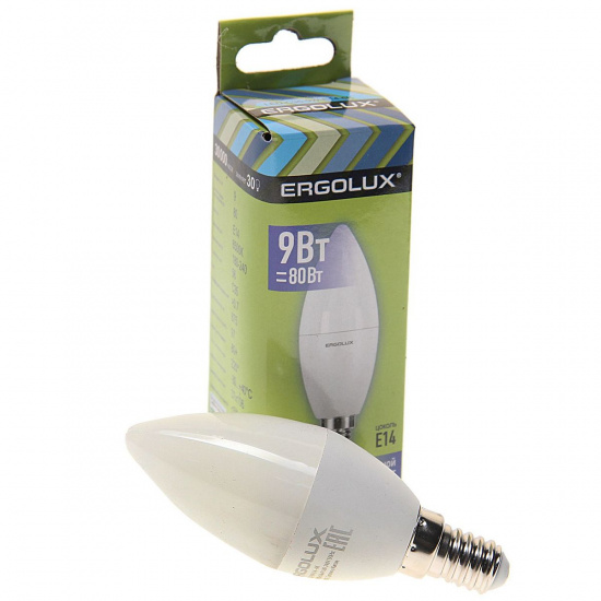 Большое фото товара - Лампа светодиодная E14 C35 9W дневной свет ERGOLUX EL-LED-C35-9W-E14-6K, EL-LED-C35-9W-E14-6K. Вариант №1
