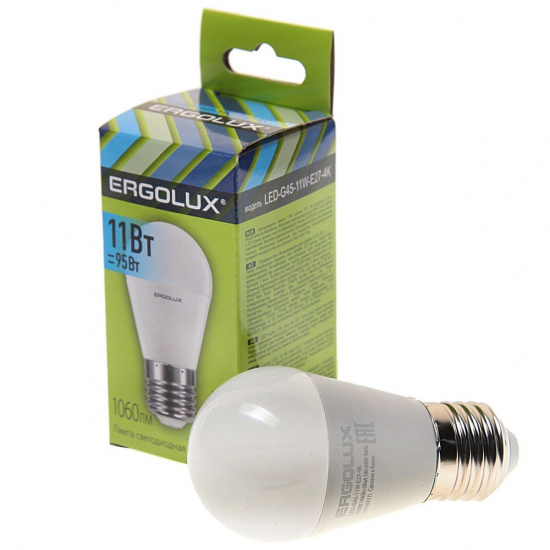Большое фото товара - Лампа светодиодная Е27 G45 11W холодный свет ERGOLUX EL-LED-G45-11W-E27-4K, EL-LED-G45-11W-E27-4K. Вариант №1