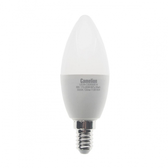 Большое фото товара - Лампа светодиодная E14 С35 8W тёплый свет CAMELION C-LED8-C35/830/E14, C-LED8-C35/830/E14. Вариант №1