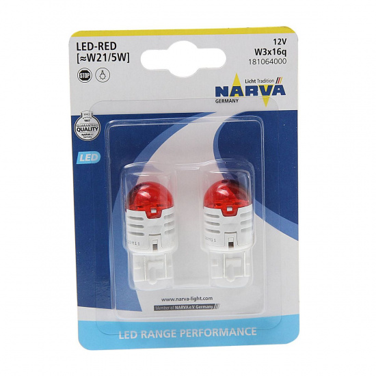 Большое фото товара - Автолампа W21/5W LED RED U30R блистер 2шт 12V NARVA 181064000, 181064000. Вариант №1