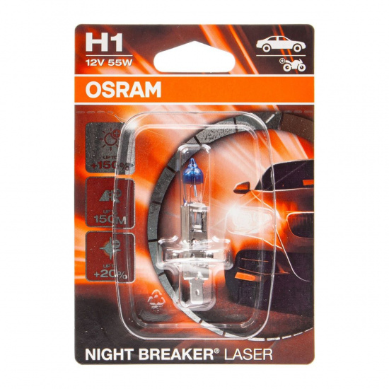 Большое фото товара - Автолампа H1 55 P14.5s+150% NIGHT BREAKER LASER 3500K блистер 12V OSRAM 64150NL-01B, 64150NL-01B. Вариант №1