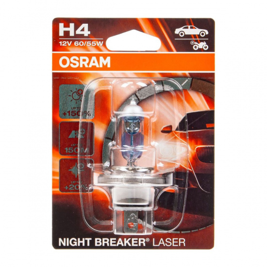 Большое фото товара - Автолампа H4 60/55 P43t+150% NIGHT BREAKER LASER 4050K блистер 12V OSRAM 64193NL-01B, 64193NL-01B. Вариант №1