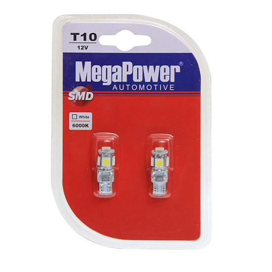 Большое фото товара - Автолампа T10W W2,1x9,5d 5 SMD 5050 WHITE 6000K CANbus 2шт 180лм MEGAPOWER M-70215W-2бл, M-70215W-2бл. Вариант №1