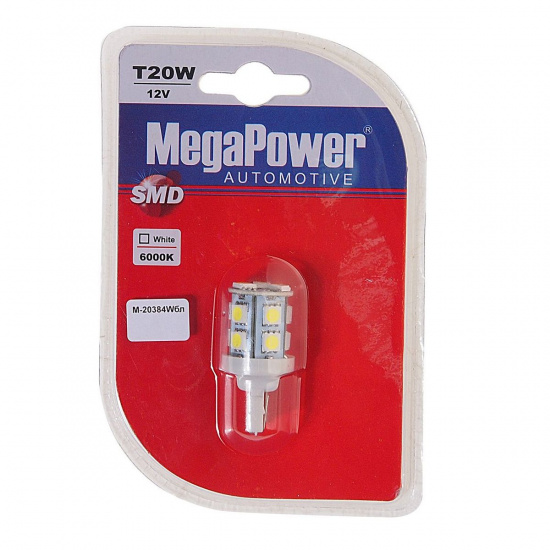Большое фото товара - Автолампа W21/5W W3*16q 13 SMD 5050 WHITE блистер 260лм 6000K 12V MEGAPOWER M-20384DWбл, M-20384DWбл. Вариант №1