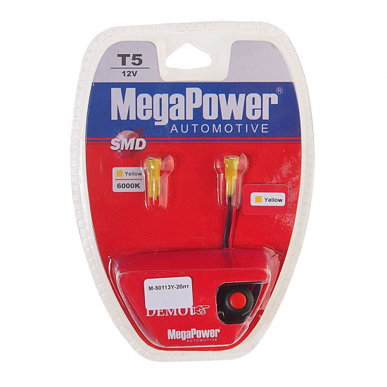Большое фото товара - Автолампа T5 W2*4.6d 1 SMD 3528 YELLOW блистер с тестером 2шт 8лм 12V MEGAPOWER M-50113Y-2блт, M-50113Y-2блт. Вариант №1